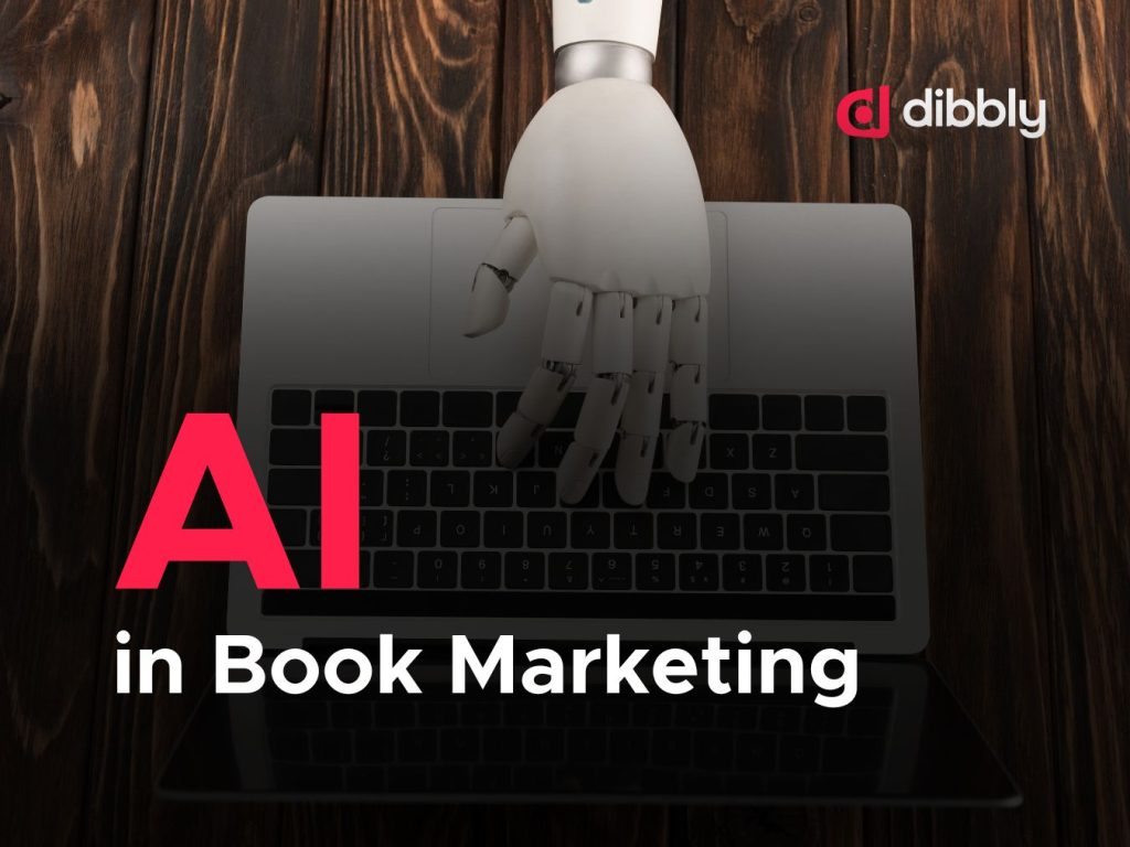 a white robotic hand typing on a MacBook Air representing AI in book marketing