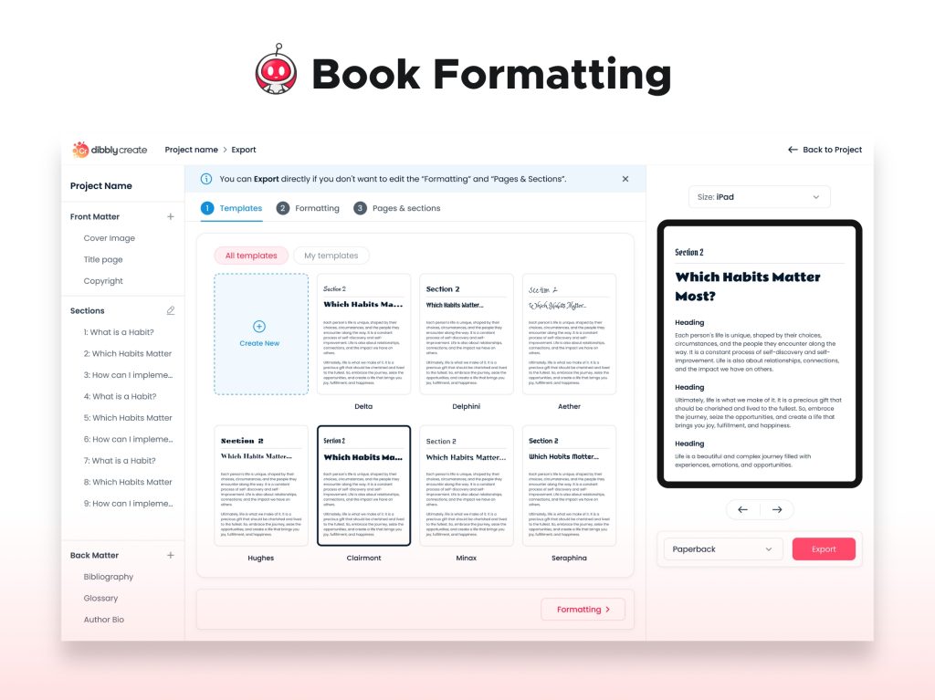 a screenshot of the Dibbly Create dashboard showcasing the available book formatting options