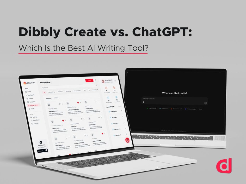 Image of two laptops showing a comparison between Dibbly Create and ChatGPT