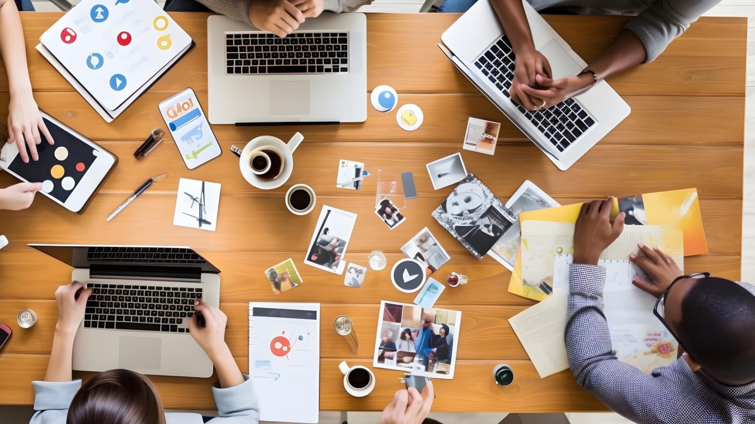 a bunch of people sitting around a table working on a content marketing strategy