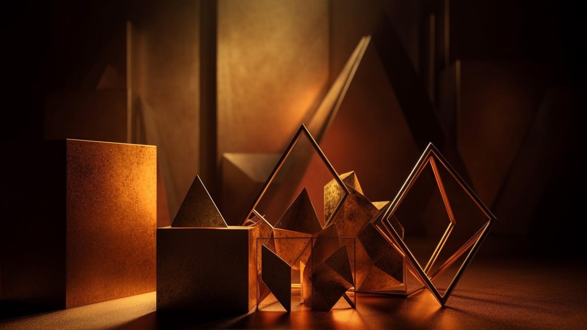 a frontal image of a bunch of geometric blocks bathed in golden light