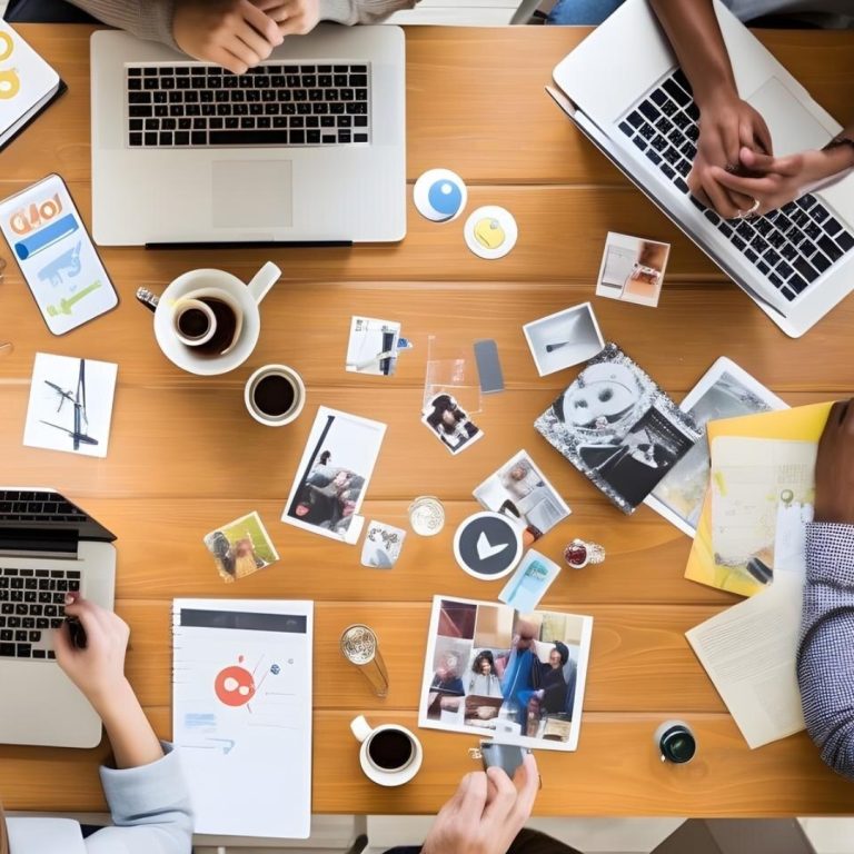 a bunch of people sitting around a table working on a content marketing strategy