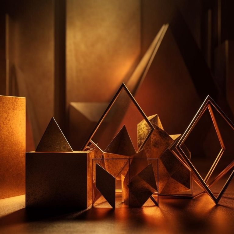 a frontal image of a bunch of geometric blocks bathed in golden light